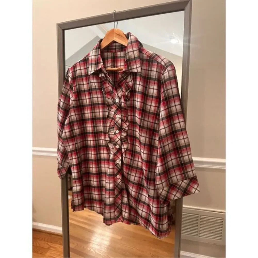 Long Sleeve Plaid‎ Button Up Shirt Size Large Red